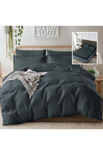 Pucioasa Double crepe bed linen with elastic 6 pieces, polycotton, Black