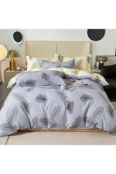 Pucioasa double percale bed linen, 100% cotton, elegant grey feather print