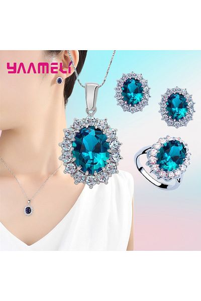Choice Sky Blue Authentic 925 Sterling Silver Plated Women Wedding Engagement Jewelry Sets Princess Oval Zi
