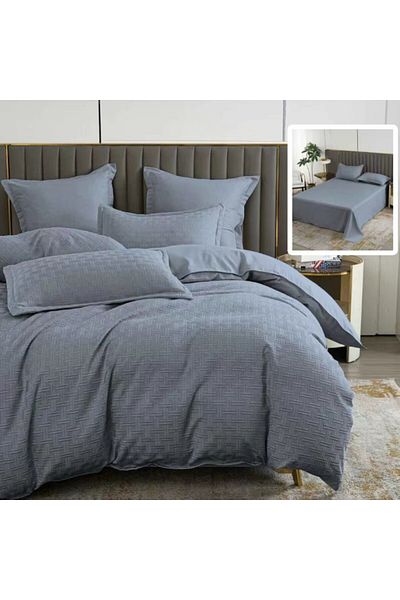 Pucioasa Double bed linen, plain geometric, 6 pieces, polycotton, Anthracite