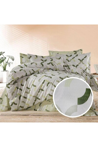 Pucioasa Lenjerie pat dublu creponata 6 piese, bumbac 100%, Verde Geometric