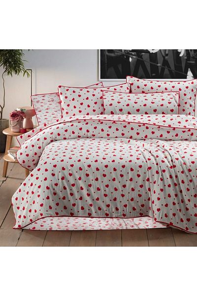 Pucioasa Double crepe bed linen with elastic for mattress 140x200cm, 100% cotton, red hearts