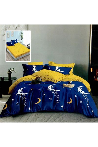 Pucioasa Lenjerie de pat din finet cu elastic, 6 piese, albastra cu luna si stele
