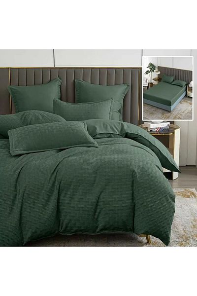 Pucioasa Plain double bed linen with elastic, 6 pieces, polycotton, Green