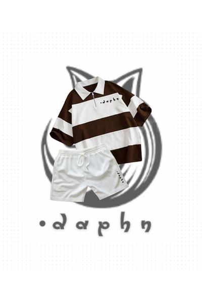 DAPHN Striped Oversize Polo & Brown Daphn Collar Zippered T-Shirt & Shorts Set