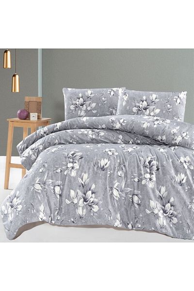 First Choice Gray bed linen with white magnolias, 100% cotton ranforce, 4 pieces, fitted sheet with elastic, Marea