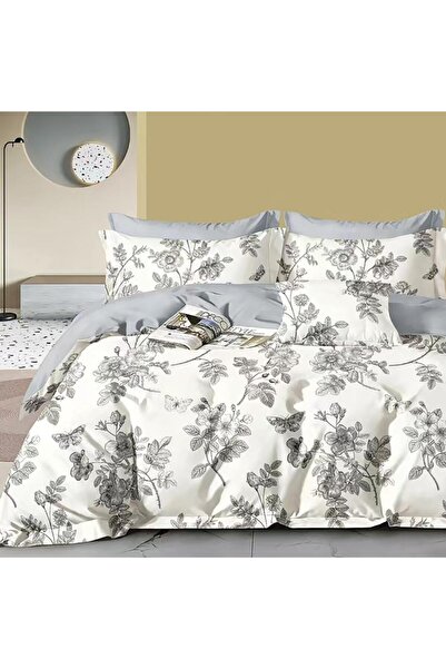 Pucioasa Double percale bed linen, 100% cotton, gray flowers and butterflies
