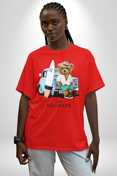 Soufeel Surfer Sweet Teddy Bear with Trolley Women Men Front Printed Red Cotton T-Shirt Combed Classic
