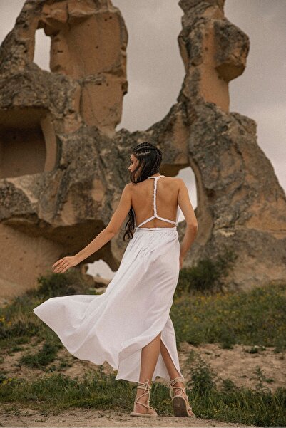 KLEA OFFICIAL ELBİSE-ÖRGÜ DETAYLI ÇİFT YIRTMAÇLI ŞİLE BEZİ ELBİSE