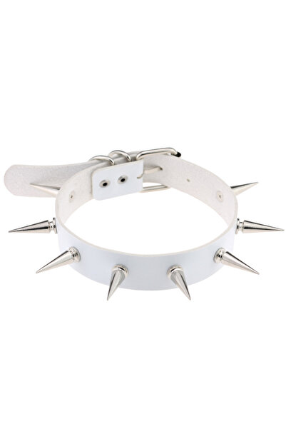 Choice قلادة بيضاء عتيقة بمسامير برشامية، طوق من جلد البولي يوريثان بتصميم قو...