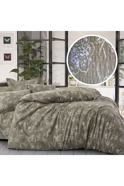 Pucioasa Double crepe bed linen with elastic for mattress 140x200cm, 100% cotton, olive with white flowers