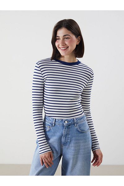 LC Waikiki Lcw Modest Navy Blue Crew Neck Striped Women's Bodysuit