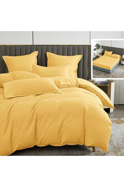 Pucioasa Plain double bed linen with elastic, 6 pieces, polycotton, Yellow
