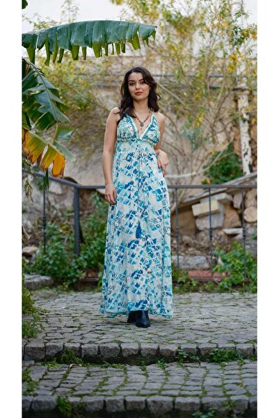 Miss Boheme Yeşil Boyundan Bağlamalı Sırtı Açık İpek Elbise