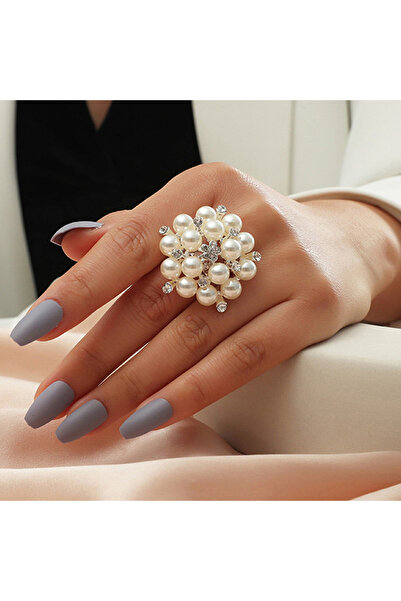 Choice خاتم نسائي أنيق من اللؤلؤ الأبيض الكريستالي على شكل زهرة C إكسسوارات م...