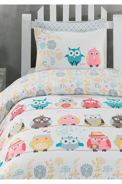 Bahar Majoli Home Lenjerie de pat pentru copii Majoli Bahar 100% bumbac Ranforce 144 TC pentru 1 persoană 3 buc Bufniță