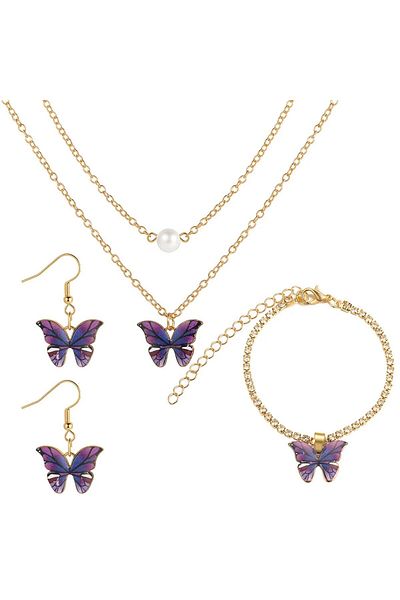 Choice 40cm Purple 3pcs Butterfly Pendant Necklace, Earrings and Bracelet Combination Set, Suitable for Wom