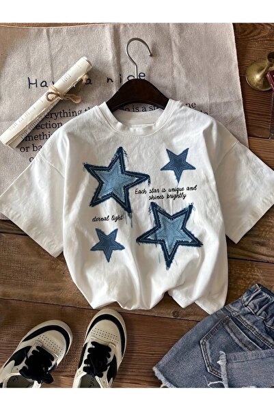 LAND MODA تيشيرت نسائي صيفي كاجوال بأكمام قصيرة، مطبوع عليه نجمة وأبجدية، 100...