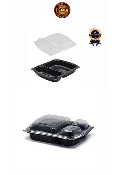 figanlar ambalaj 50 Pieces Thick Heat Resistant 3 Compartment Black Food Container Suitable for Microwave Mawlid Plate