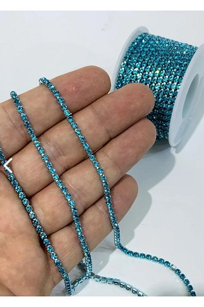 PASAMİA Beyoğlu Swarosvki Blue Stone Strip Chain - 1 Meter
