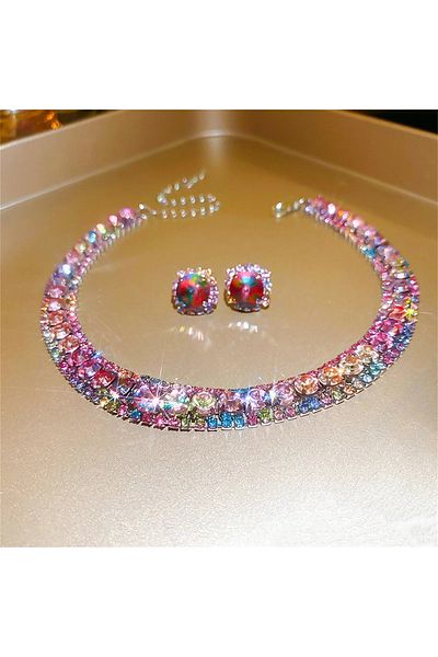 Choice 3272-18 Luxury Crystal Necklace Earrings Set Pink ABcolourful Necklace for Women Weddings Party Jewe