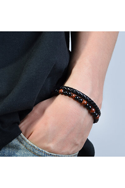 Choice سوار من الفولاذ المقاوم للصدأ من قطعة واحدة من Red Tiger مصنوع من خرز ...