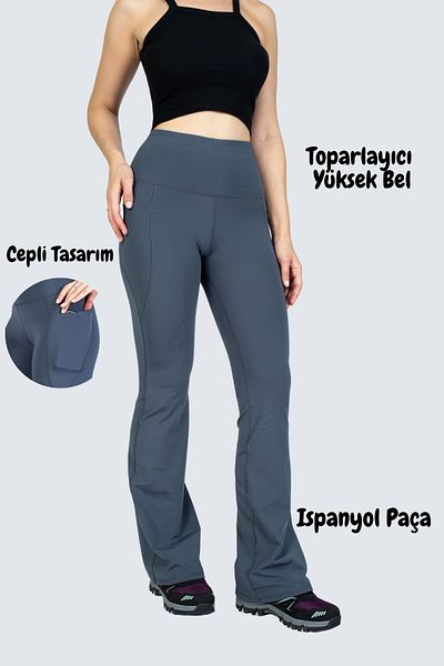 The Step Sports High Waist Gray Gathering Spanish Leg Pocket Sports Leggings Trousers