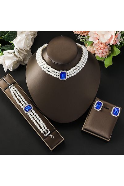 Choice 808433-Blue 4PC Women's Fashion Light Luxury Short Style Imitation Pearl Turquoise Necklace Earrings