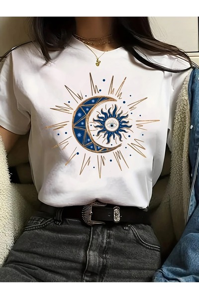 LAND MODA Μπλουζάκι με στάμπα Ήλιου και Σελήνης, Άνετο κοντομάνικο μπλουζάκι ...