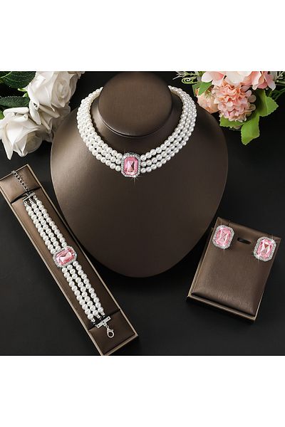 Choice 808433-Pink 4PC Women's Fashion Light Luxury Short Style Imitation Pearl Turquoise Necklace Earrings