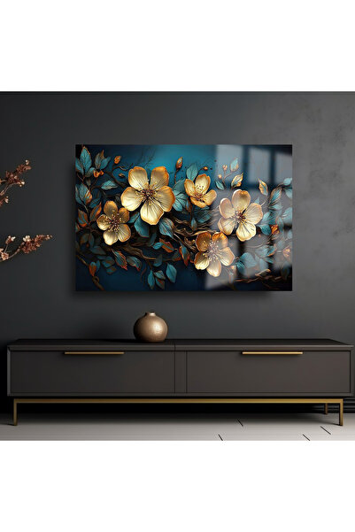 TAULART SOLMUŞ HARİKA GOLD ÇİÇEKLER YATAY CAM TABLO KIRILMAZ LÜKS CAM TABLO EV HEDİYESİ