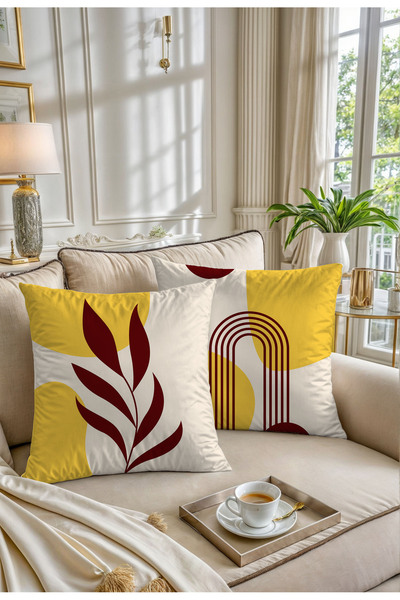 Şah Dekor Bohemian Boho Themed Yellow Cream Color Digital Printed Gift Set of 4 Throw Pillow Pillowcases