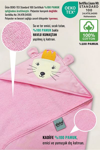 Ellaline Pink Mouse Velvet Baby Towel Swaddle - 100% Cotton, Oeko-Tex Certified, Soft Absorbent and Warm