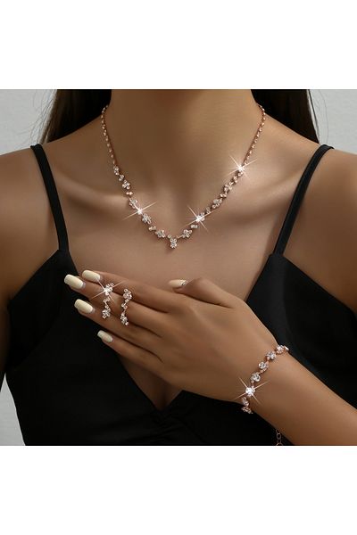 Choice 80808636-RoseGold 4-piece women's flower necklace with earrings and bracelet set, wedding party acce