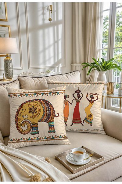 Hayal Dekoratif Digital Printed African Themed 4-Piece Throw Pillow Cover – Ethnic Patterned 43X43Cm Decorative Throw Pillow Cover