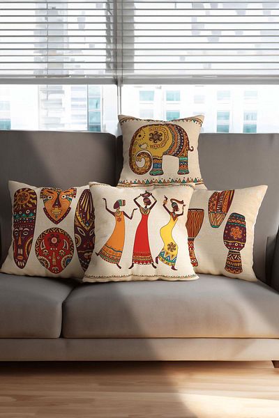 Hayal Dekoratif Digital Printed African Themed 4-Piece Throw Pillow Cover – Ethnic Patterned 43X43Cm Decorative Throw Pillow Cover