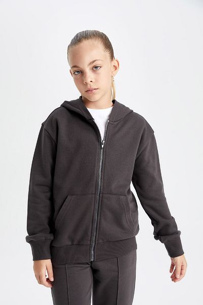 DeFacto Girls - Anthracite Zippered Plain Hooded School Cardigan C8110A824Au