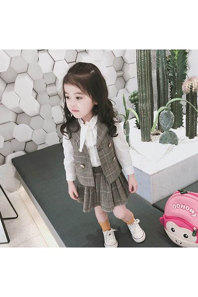 nannie Noelia Girls' Gray Checkered Outfit - 6-7 Years