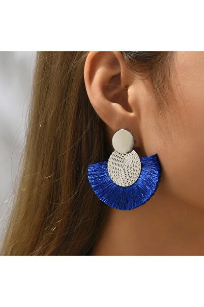 Choice أقراط متدلية باللون الأزرق بتصميم بوهيمي أنيق مع شرابة كبيرة وهامش أبي...