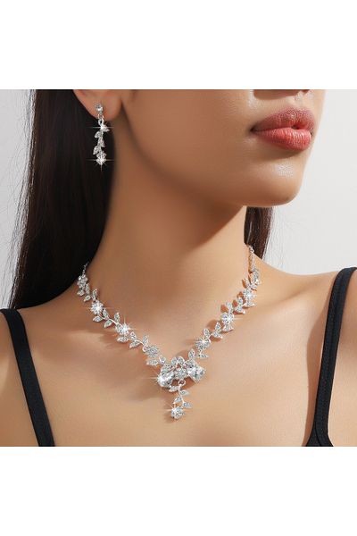 Choice 80830601-Silvery 3PC Women's Fashion Trend Small Flower Water Drop Necklace Earrings Jewelry Set Wed
