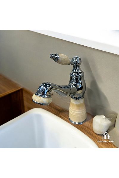 İSAOĞLU YAPI Sink Faucet - Honey Wax Design Marble Armature Brass Stainless Extendable System