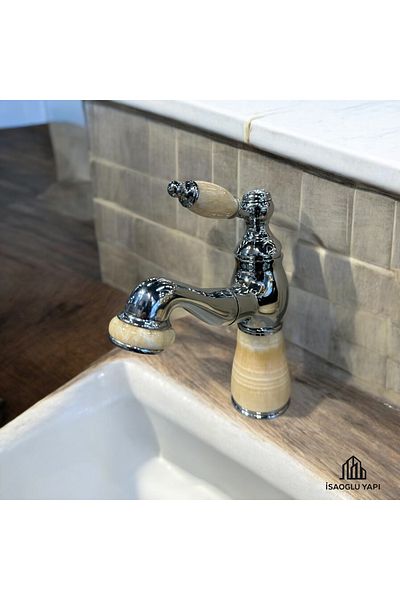 İSAOĞLU YAPI Sink Faucet - Honey Wax Design Marble Armature Brass Stainless Extendable System