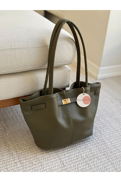 BAGLOVİS Khaki Women's Shoulder Bag with Lock Detail on the Front En40 Uzn25