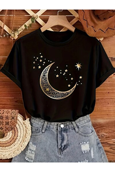 LAND MODA Kadınlar için şık güneş ve ay desenli, yaka detayı olan, kısa kollu...