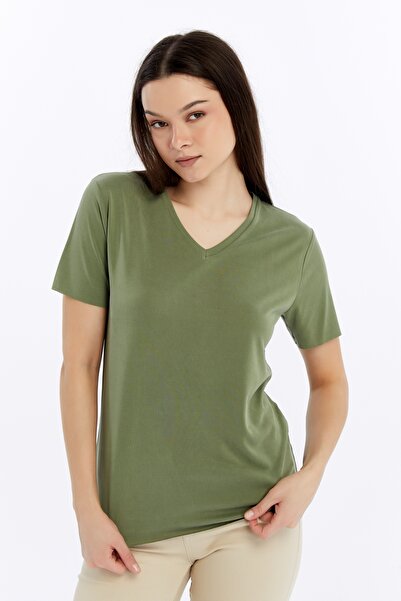 Maison La Femme Tricou de damă cu decolteu în V de bază cu mânecă scurtă