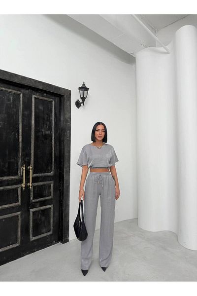 Zoe Zoe Shiny Modal Fabric Elastic Waist Crop/Palazzo Cut Elastic Lace-Up Pants Suit Hijab