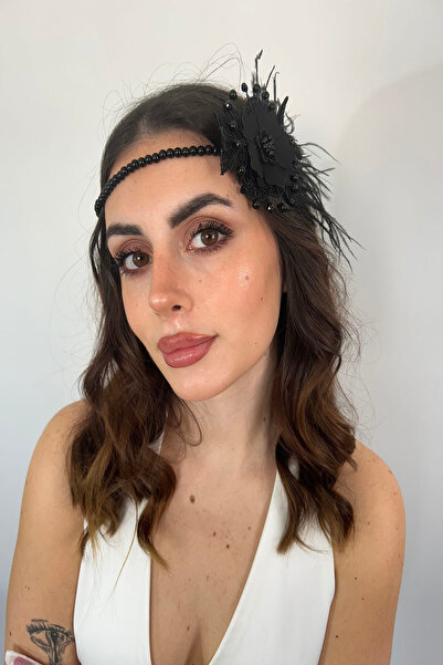 CAPPELLO DESİGN Siyah İncili Taç, Siyah Alın Tacı, Siyah Taç , Tüylü Siyah Taç