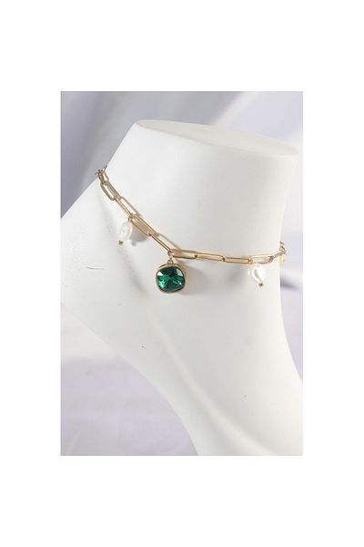Skygo Gold Colored 316L Steel Emerald Stone Anklet - TJ-HH1592