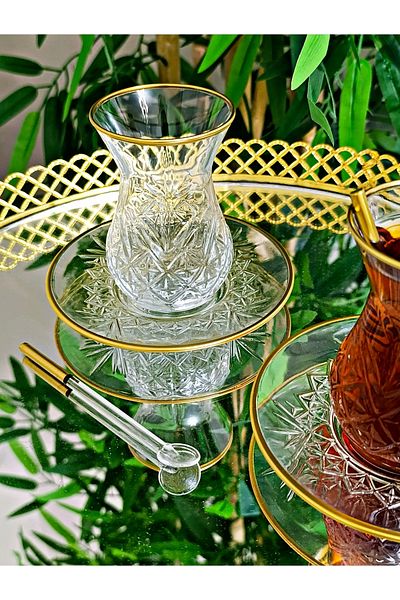 SAMSA Pasabahce Gold Pattern Cutout Crystal Tea Cup Set Set 18 Pieces Tea Set Special Series of 6 People
