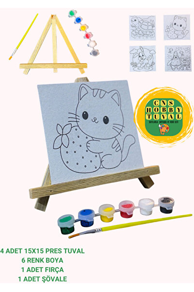 CNS HOBBY TUVAL Mini Tuval ve Şövale Boyama Başlangıç Seti,Akrilik Boya,Fırça,Şövale,Çocuk Tuval Boyama Seti